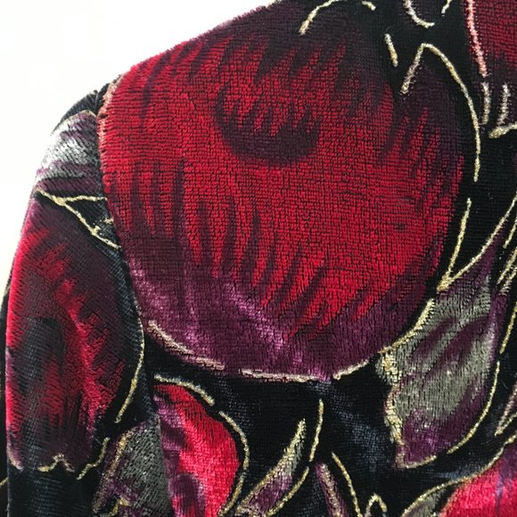 Vintage Floral Black, Emerald Green, Red + Gold Velvety Cardigan/Light Jacket - Picture 5 of 6